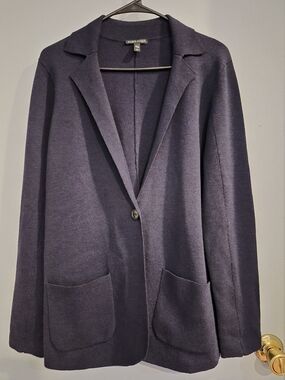 Eileen Fisher Washable Merino Wool Knit Single Button Blazer Navy Blue SMALL